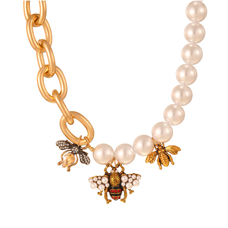 Gold 1 Alloy Diamond Bee Pearl Chain Necklace