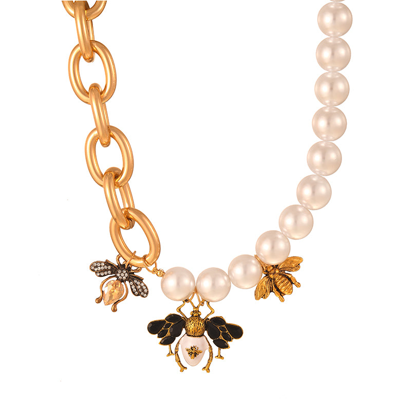 Gold 1 Alloy Diamond Bee Pearl Chain Necklace