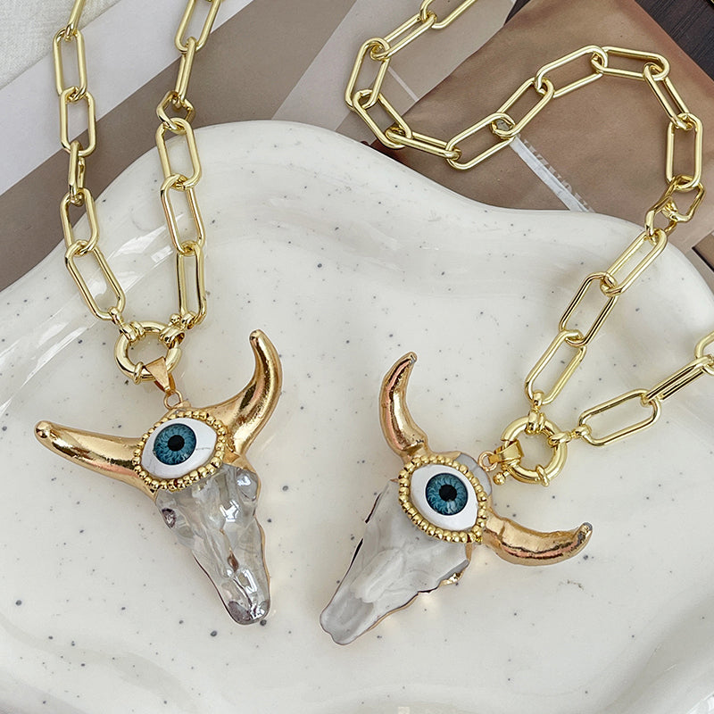 Gold 1 Bull Head Eye Rice Bead Ring Necklace