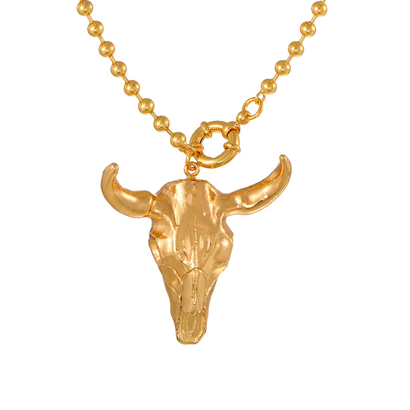 Gold 1 Bull Head Ring Buckle Bead Necklace