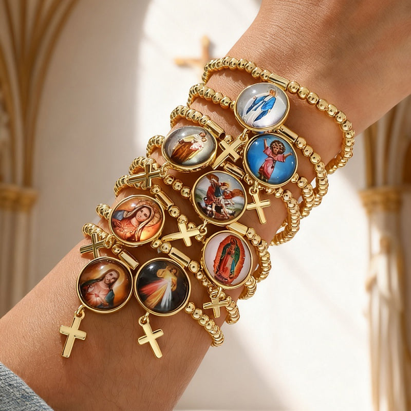 Gold 1 Circular Religious Pattern Cross Beaded Bracelet