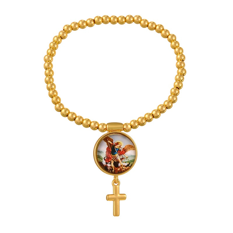 Gold 1 Circular Religious Pattern Cross Beaded Bracelet