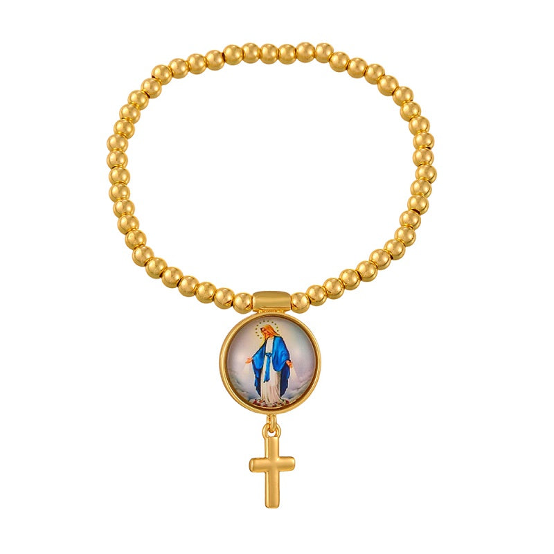 Gold 1 Circular Religious Pattern Cross Beaded Bracelet