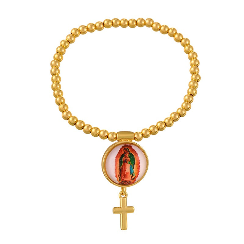 Gold 1 Circular Religious Pattern Cross Beaded Bracelet