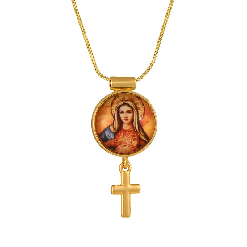 Gold 1 Circular Religious Pattern Cross Necklace