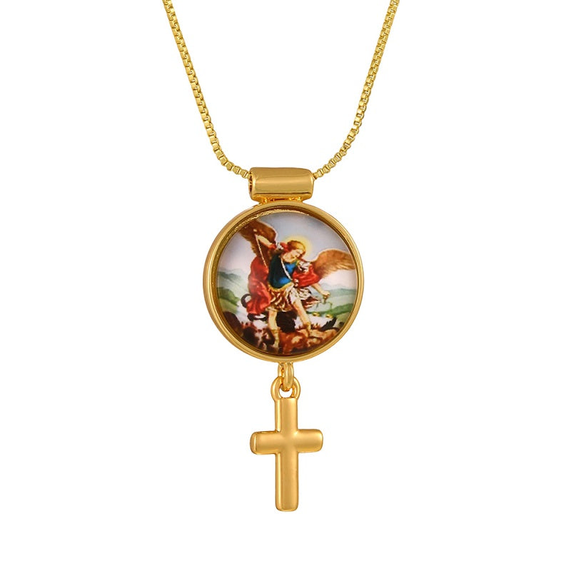 Gold 1 Circular Religious Pattern Cross Necklace