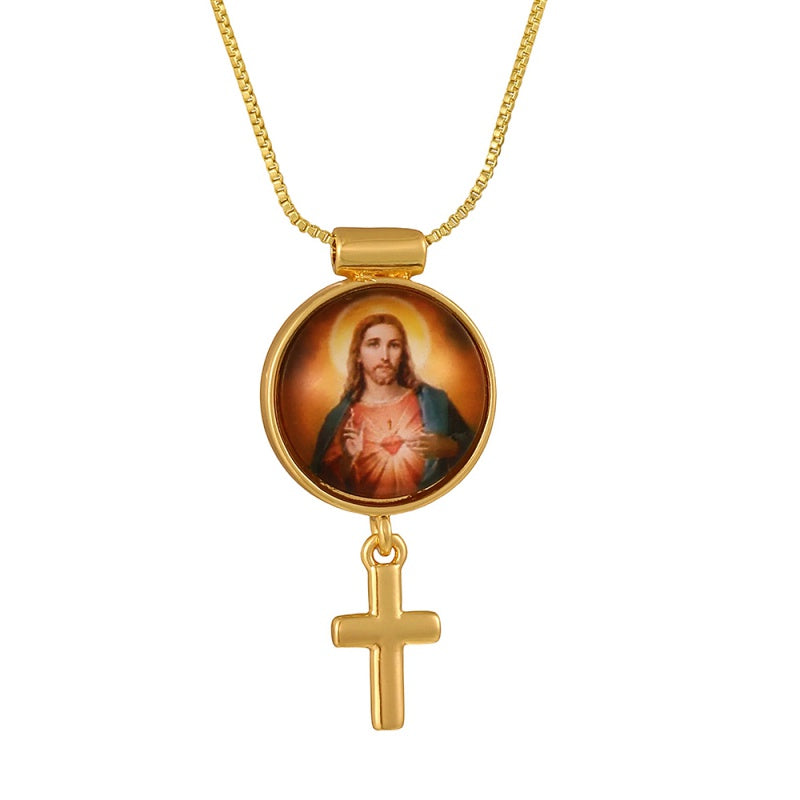 Gold 1 Circular Religious Pattern Cross Necklace