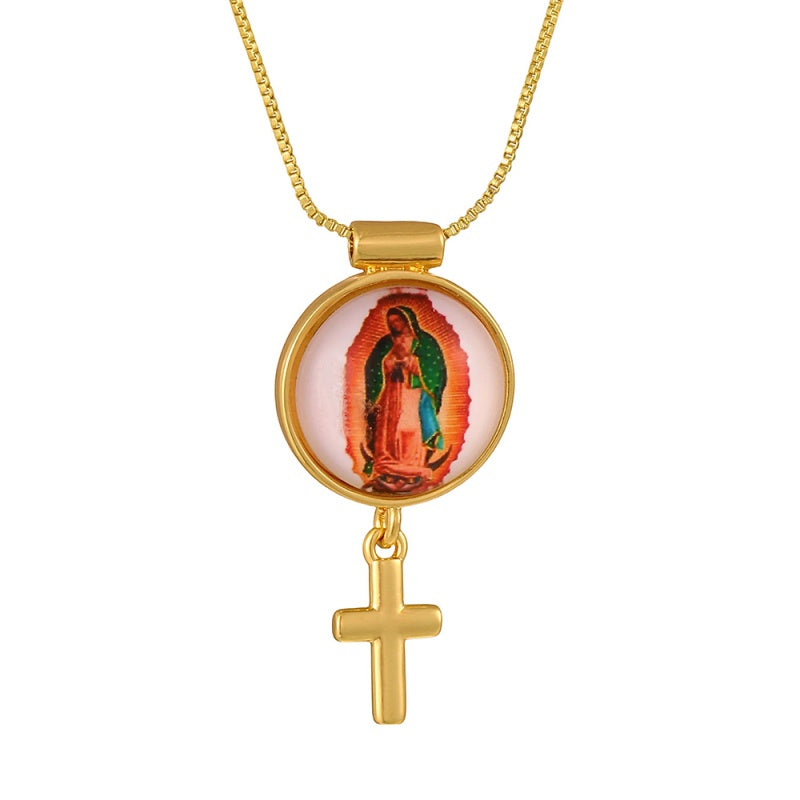 Gold 1 Circular Religious Pattern Cross Necklace
