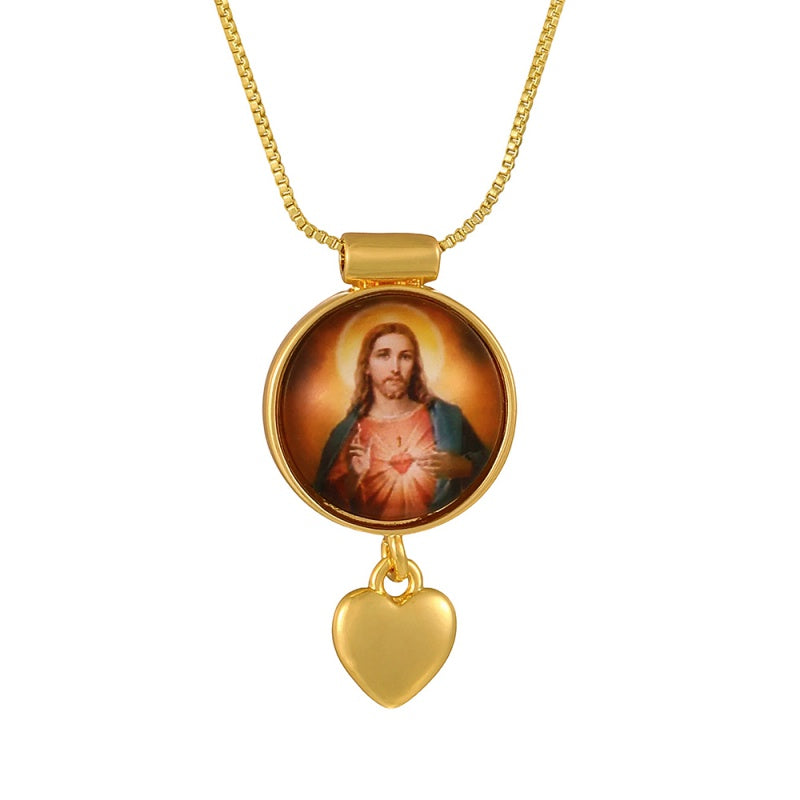 Gold 1 Circular Religious Pattern Heart Necklace