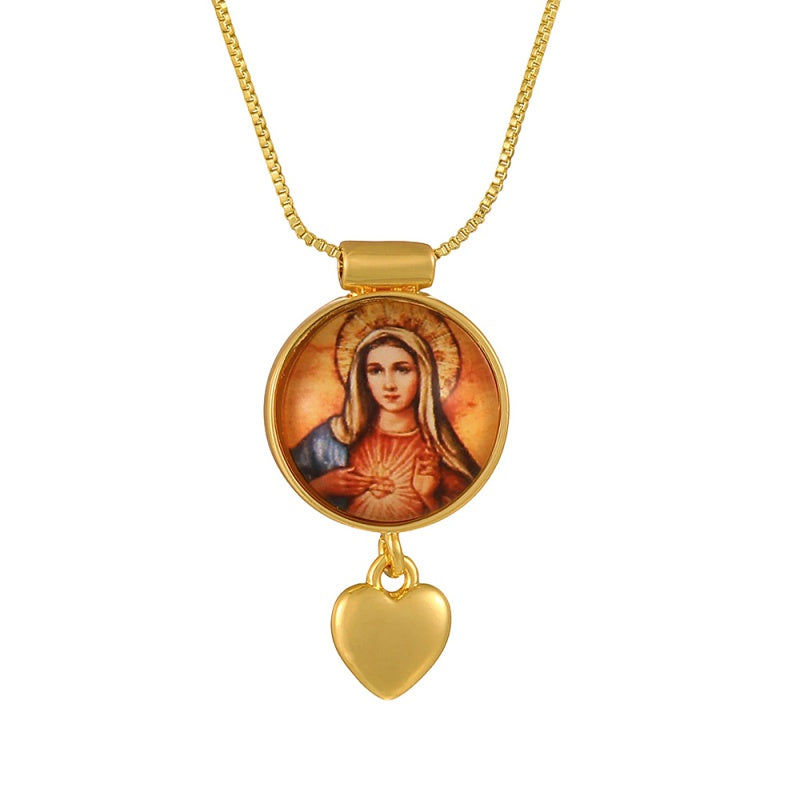 Gold 1 Circular Religious Pattern Heart Necklace