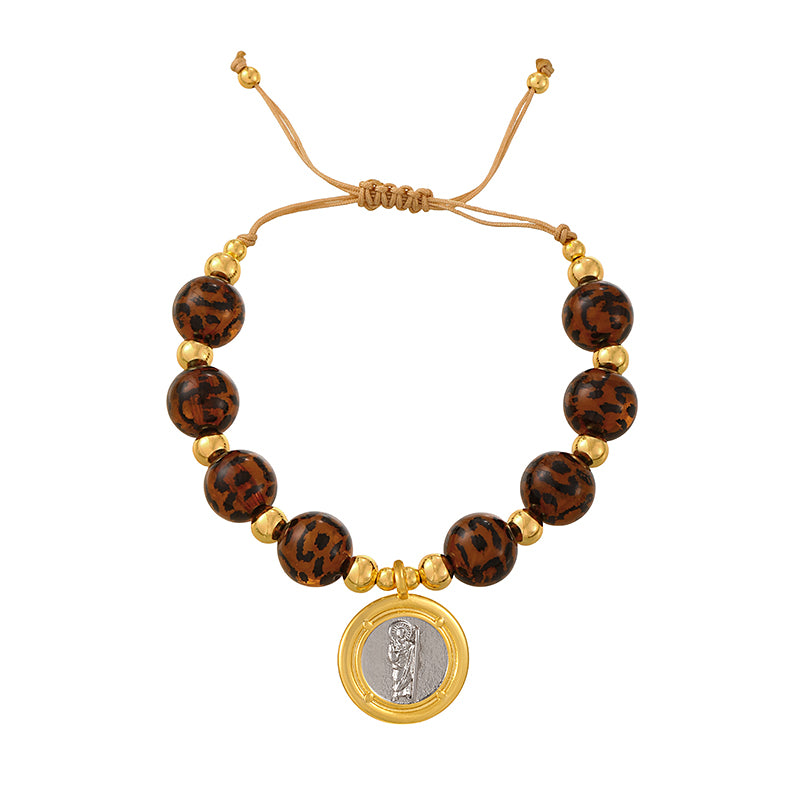 Gold 1 Circular Religious Series Beaded Leopard Print Braided Bracelet