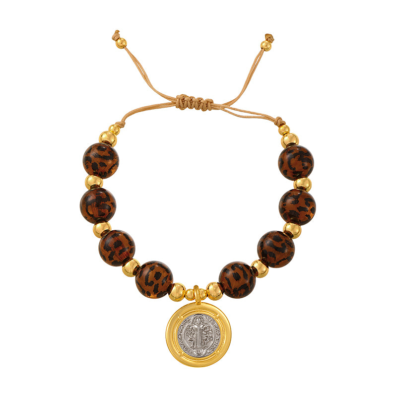 Gold 1 Circular Religious Series Beaded Leopard Print Braided Bracelet