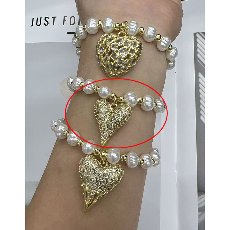 Gold 1 Copper Gold-plated Pearl Beaded Diamond Heart Bracelet