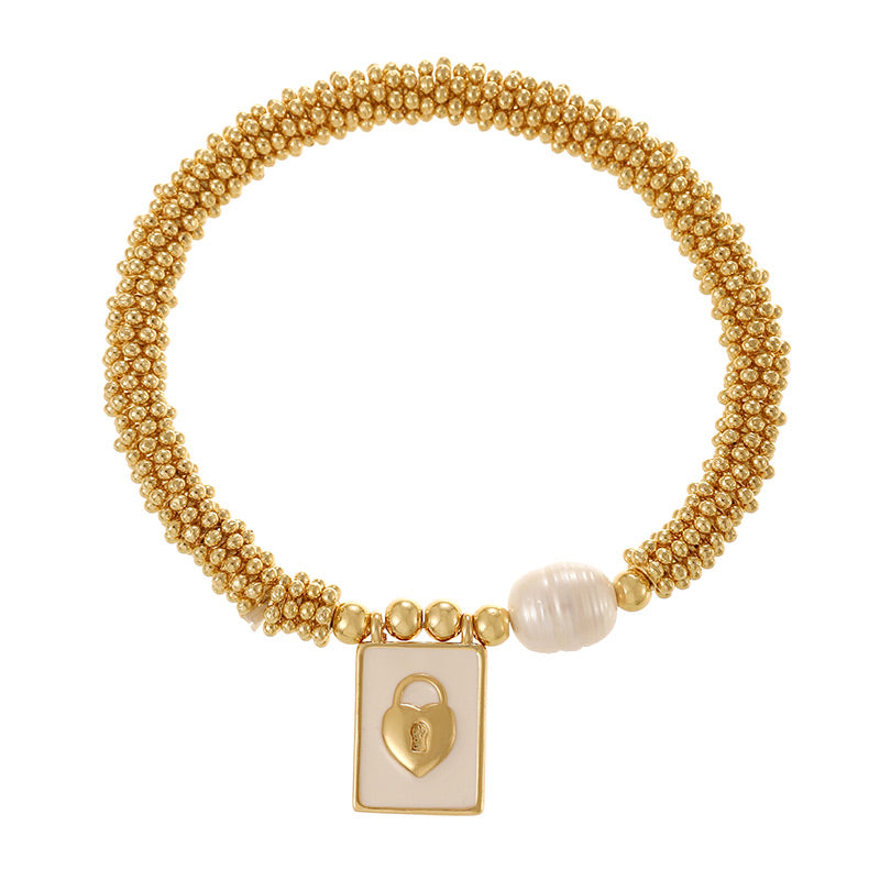 Gold 1 Copper Gold-plated Pearl Letter Heart Square Pendant Mesh Chain Bracelet (4mm)