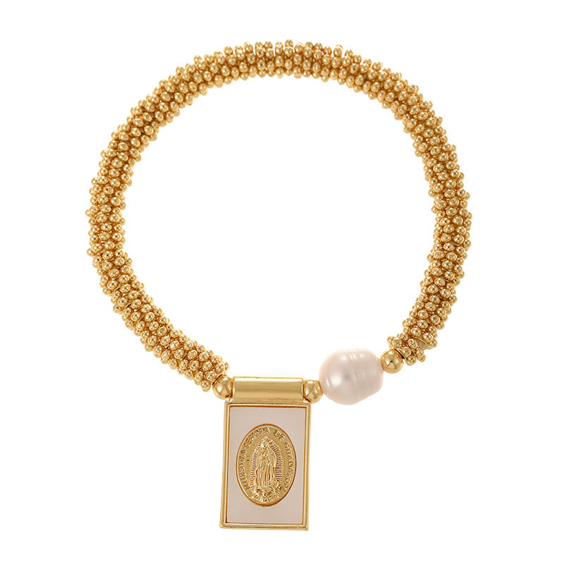 Gold 1 Copper Gold-plated Pearl Letter Heart Square Pendant Mesh Chain Bracelet (4mm)