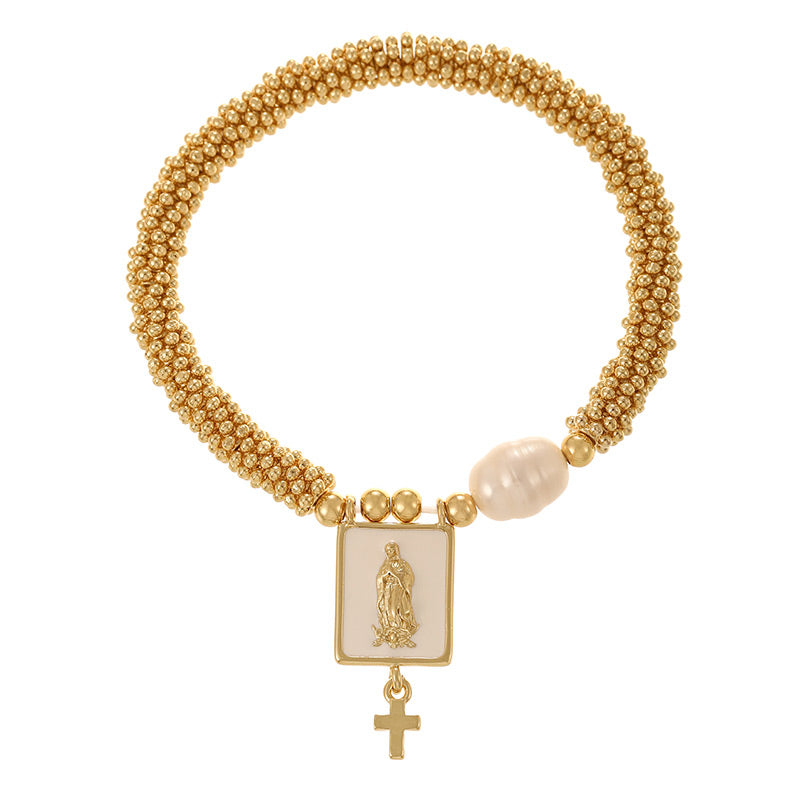 Gold 1 Copper Gold-plated Pearl Letter Heart Square Pendant Mesh Chain Bracelet (4mm)