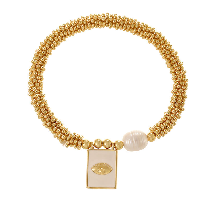 Gold 1 Copper Gold-plated Pearl Letter Heart Square Pendant Mesh Chain Bracelet (4mm)