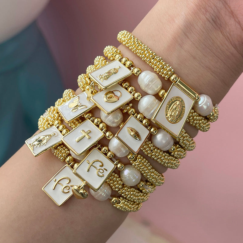 Gold 1 Copper Gold-plated Pearl Letter Heart Square Pendant Mesh Chain Bracelet (4mm)