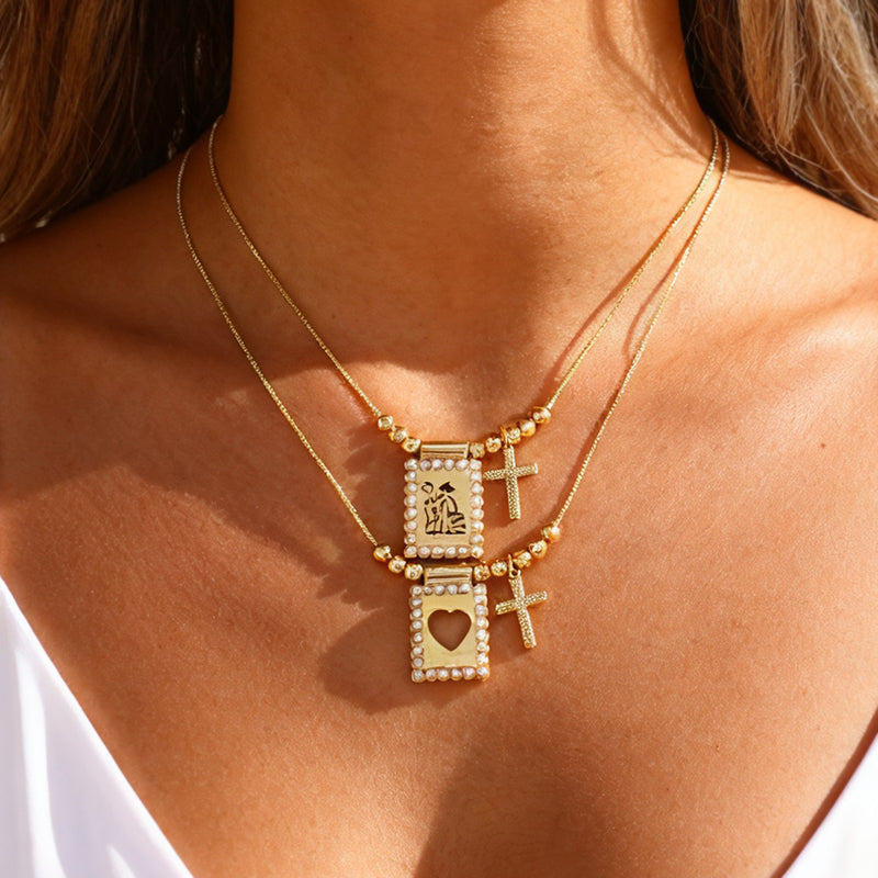 Gold 1 Copper Inlaid Zircon Cross Square Pearl Beaded Necklace