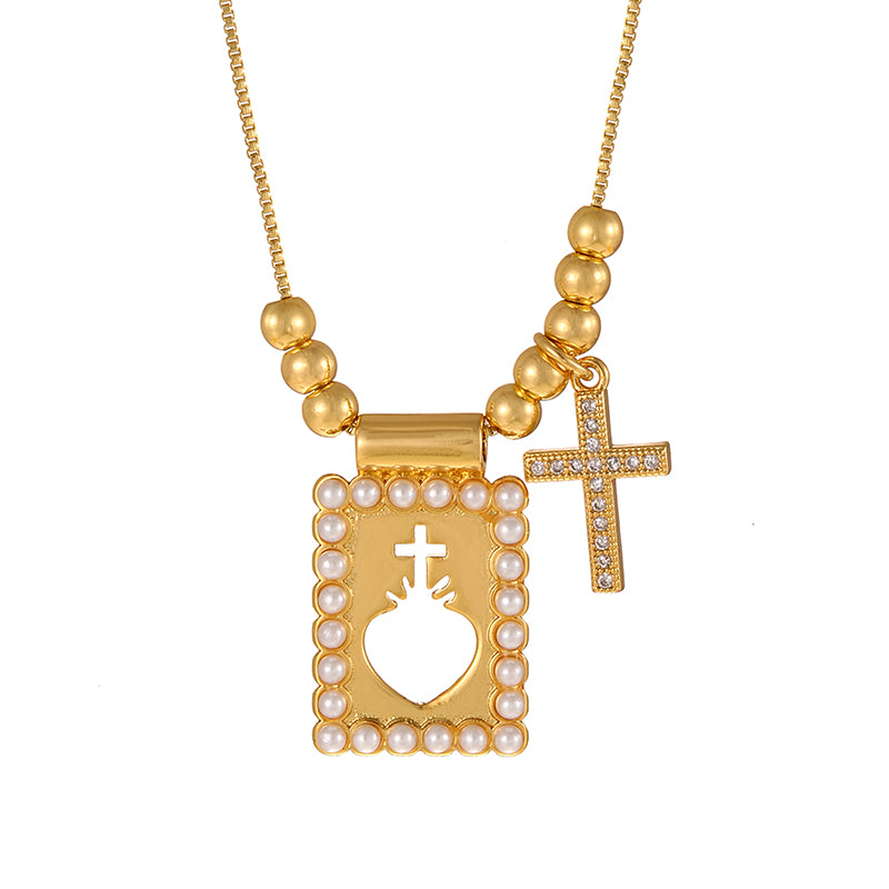 Gold 1 Copper Inlaid Zircon Cross Square Pearl Beaded Necklace