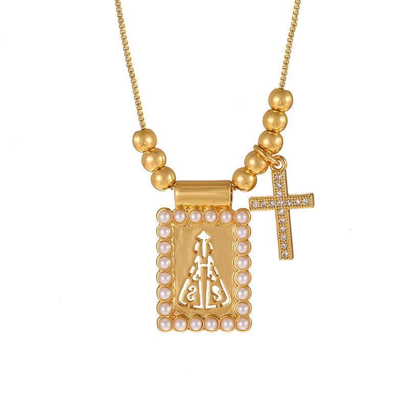 Gold 1 Copper Inlaid Zircon Cross Square Pearl Beaded Necklace