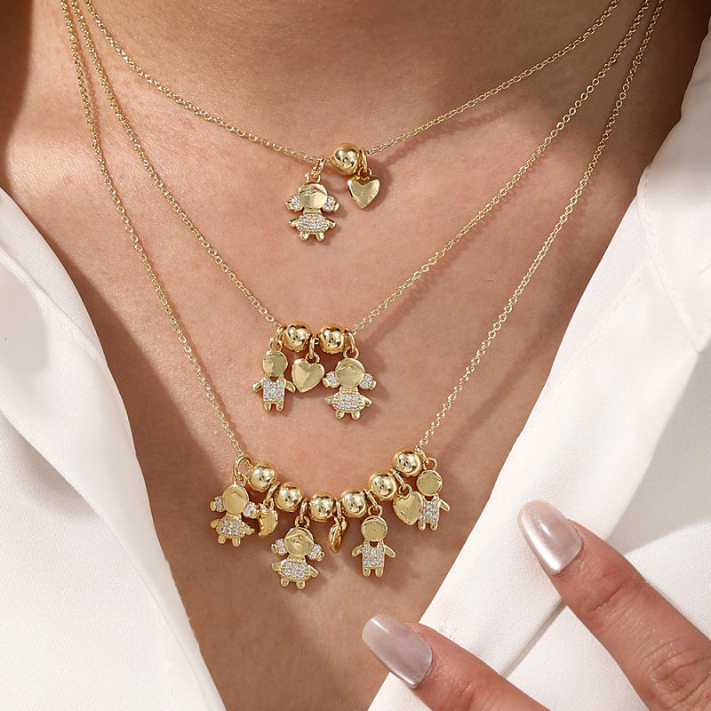 Gold 1 Copper Inlaid Zircon Girl's Heart Beaded Necklace (6mm)