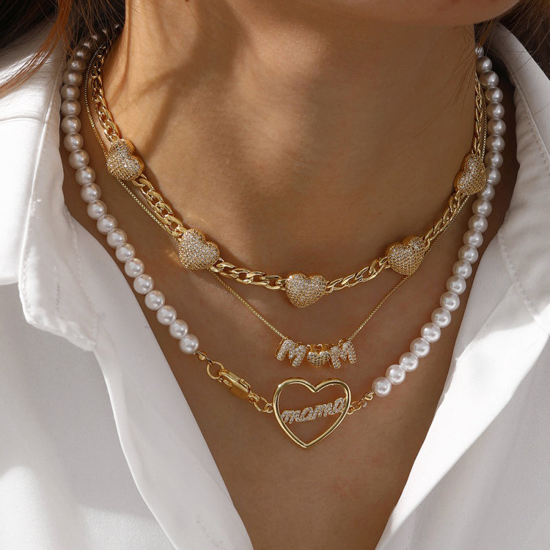 Gold 1 Copper Inlaid Zircon Letter Mom Lobster Clasp Pearl Necklace (6mm)