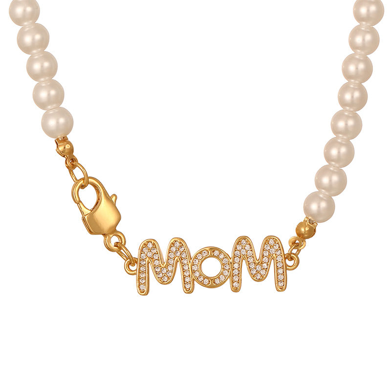 Gold 1 Copper Inlaid Zircon Letter Mom Lobster Clasp Pearl Necklace (6mm)
