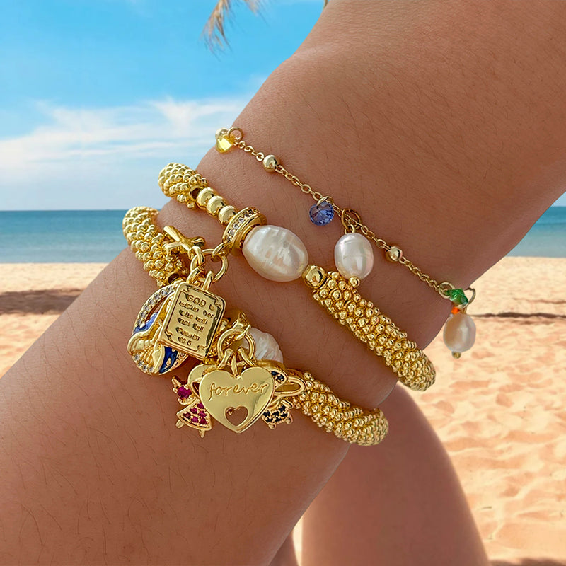 Gold 1 Copper Inlaid Zircon Oil Dripping Religious Beaded Pearl Bracelet