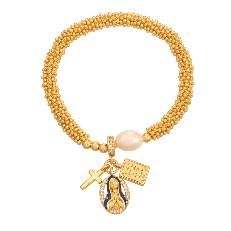 Gold 1 Copper Inlaid Zircon Oil Dripping Religious Beaded Pearl Bracelet