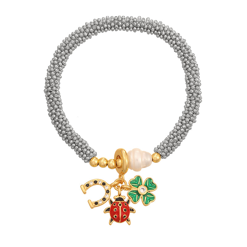 Gold 1 Copper Inlaid Zircon Oil Dripping Religious Beaded Pearl Bracelet