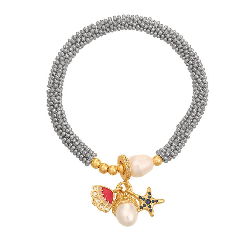 Gold 1 Copper Inlaid Zircon Oil Dripping Religious Beaded Pearl Bracelet