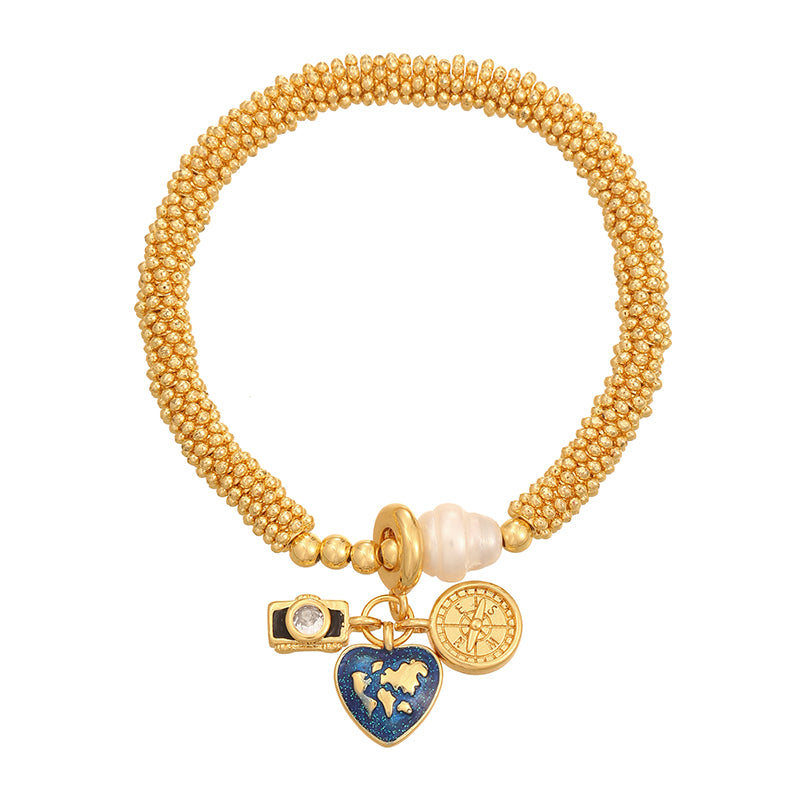 Gold 1 Copper Inlaid Zircon Oil Dripping Religious Beaded Pearl Bracelet