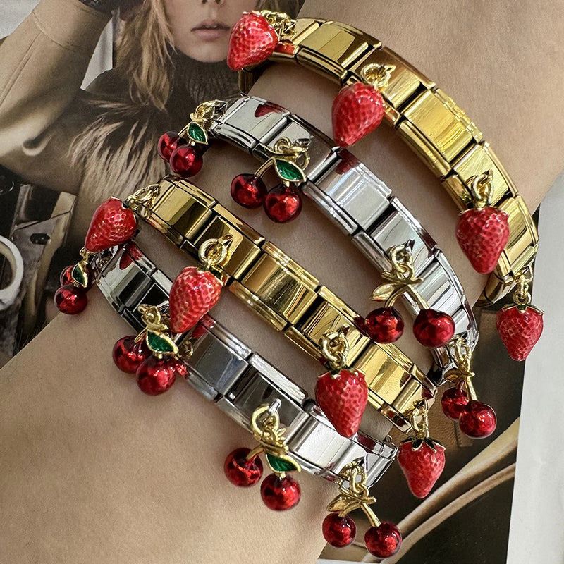 Gold 1 Copper Oil Drop Cherry Titanium Steel Square Module Bracelet