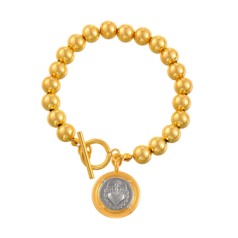 Gold 1 Copper Round Double-sided Portrait Ot Buckle Beaded Bracelet