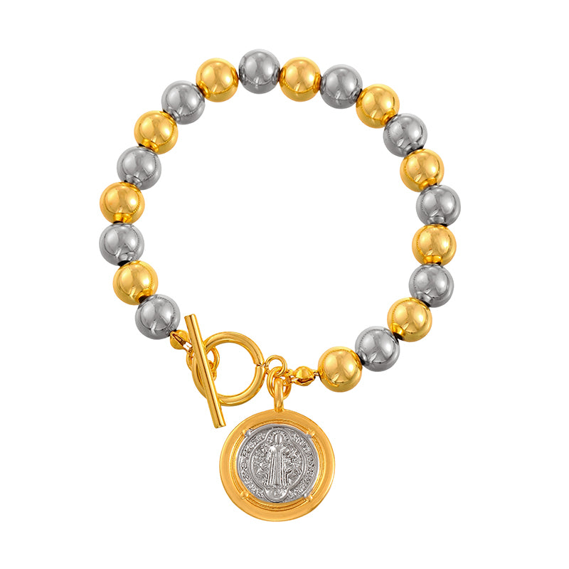 Gold 1 Copper Round Double-sided Portrait Ot Buckle Beaded Bracelet