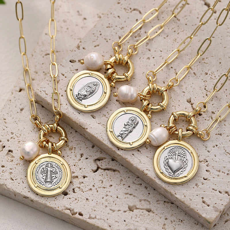 Gold 1 Copper Round Portrait Pearl Ring Necklace