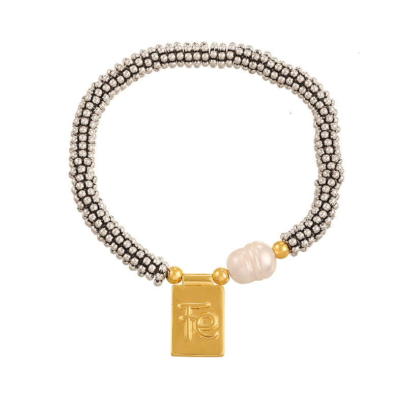 Gold 1 Copper Square Crescent Freshwater Pearl Beaded Bracelet