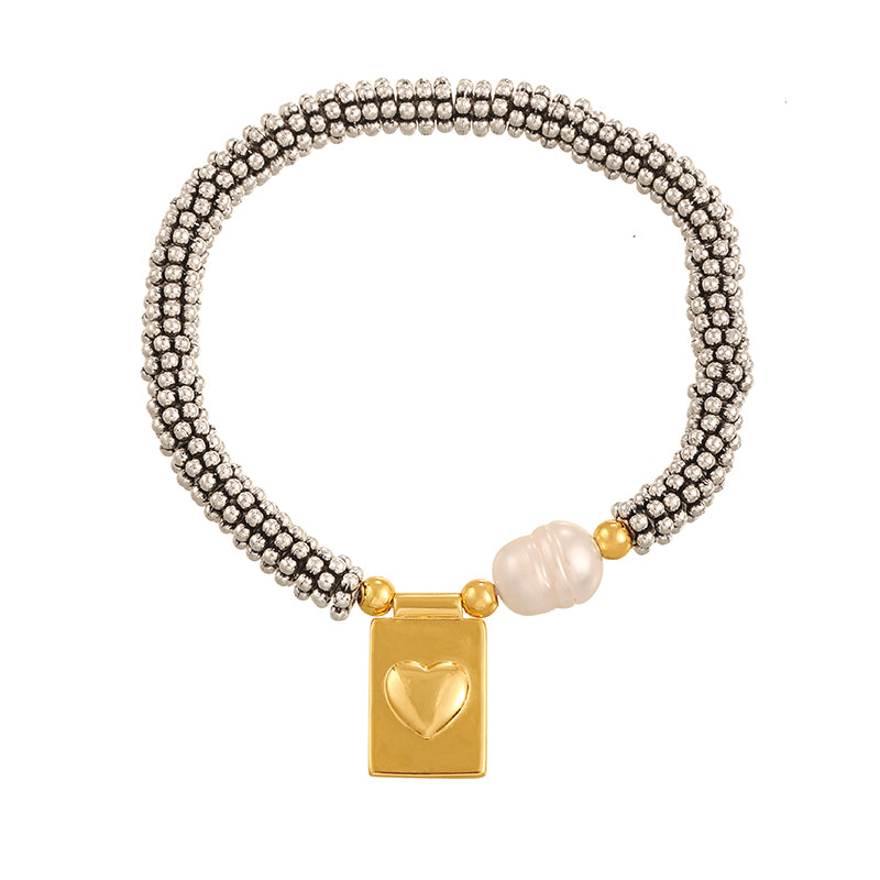 Gold 1 Copper Square Crescent Freshwater Pearl Beaded Bracelet