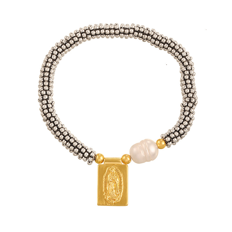 Gold 1 Copper Square Crescent Freshwater Pearl Beaded Bracelet