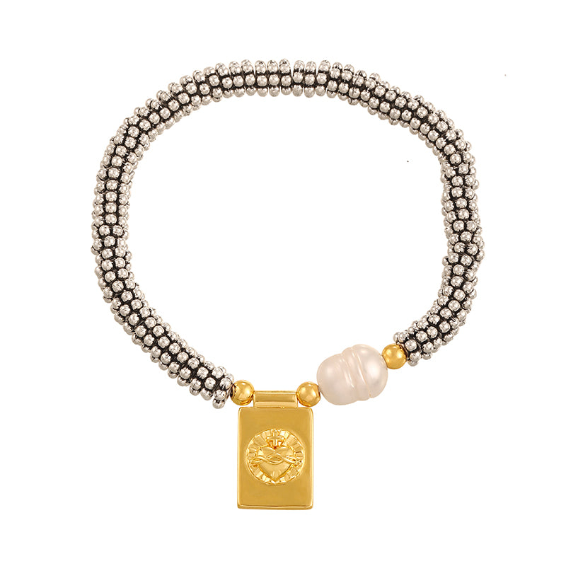 Gold 1 Copper Square Crescent Freshwater Pearl Beaded Bracelet