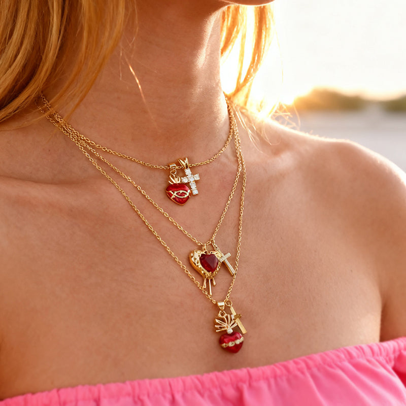 Gold 1 Copper-set Zircon Heart-shaped Cross Necklace
