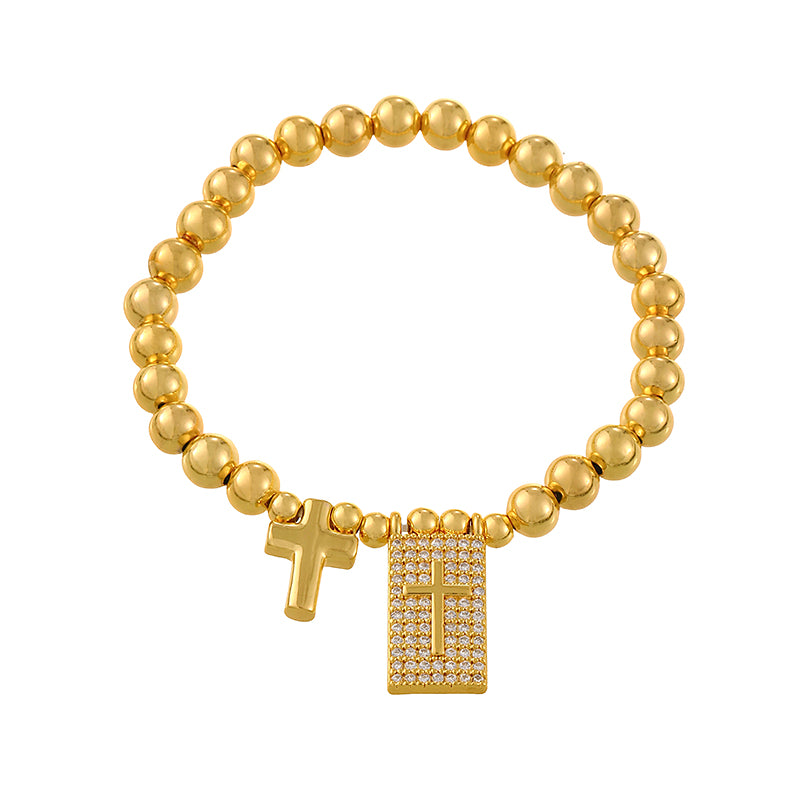 Gold 1 Copper-set Zircon Heart-shaped Square Cross Beaded Bracelet