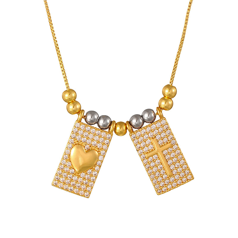 Gold 1 Copper-set Zircon Square Cross Portrait Beaded Necklace