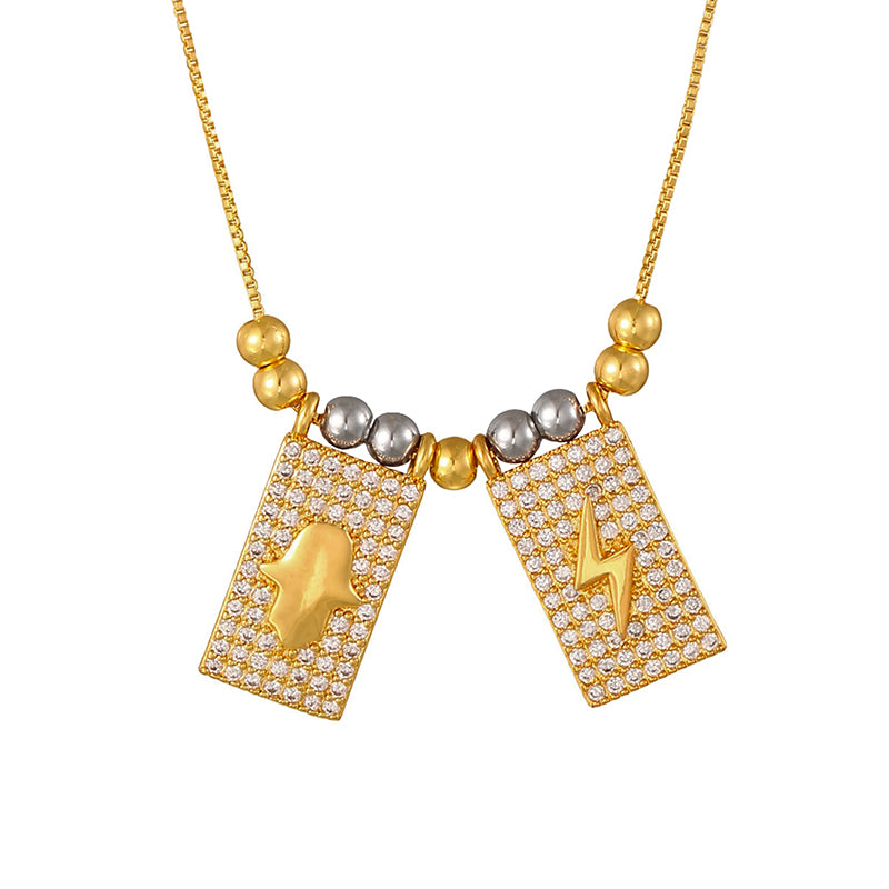 Gold 1 Copper-set Zircon Square Cross Portrait Beaded Necklace