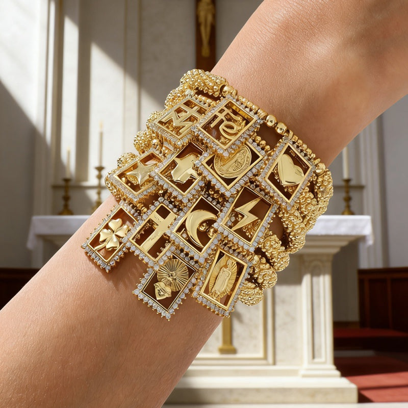 Gold 1 Copper-set Zircon Square Letter Fe Heart Beaded Bracelet