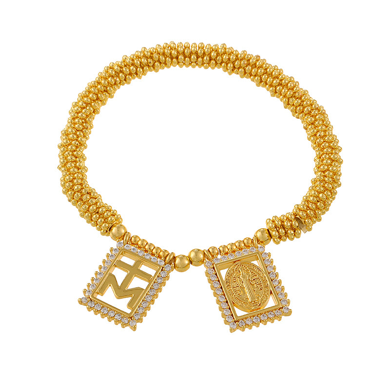 Gold 1 Copper-set Zircon Square Letter Fe Heart Beaded Bracelet
