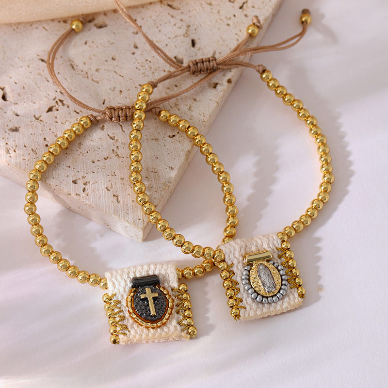 Gold 1 Fabric Square Portrait Copper Beaded Braided Bracelet