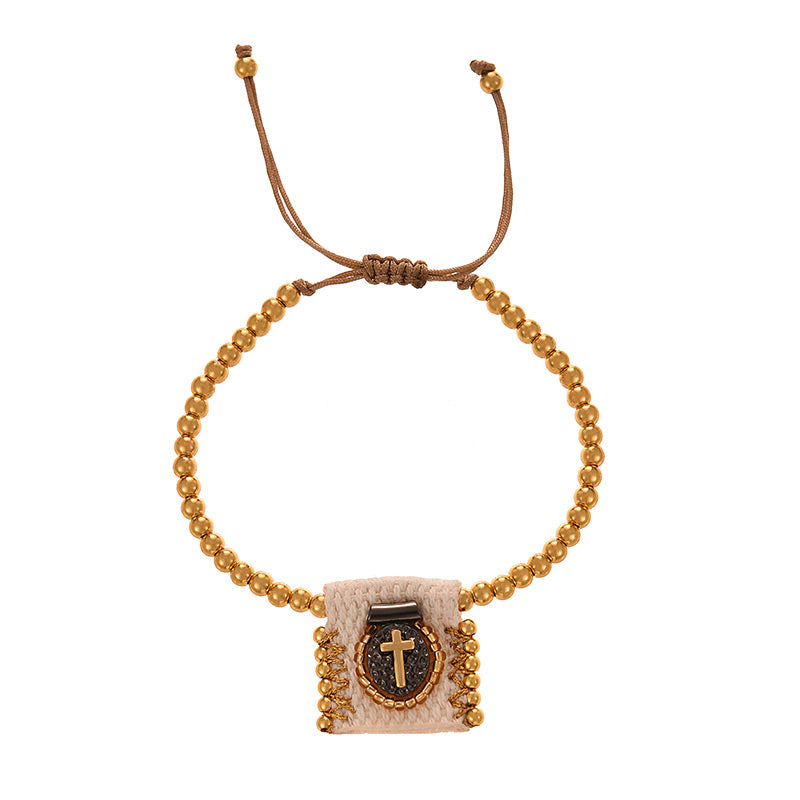 Gold 1 Fabric Square Portrait Copper Beaded Braided Bracelet