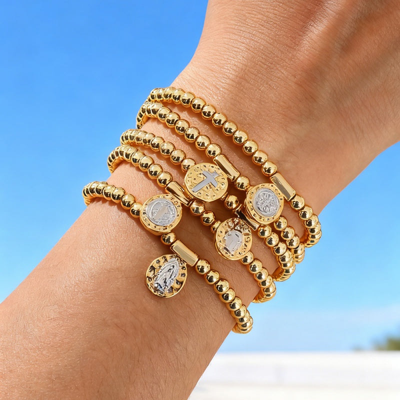 Gold 1 Oval Religious Series Beaded Braided Bracelet